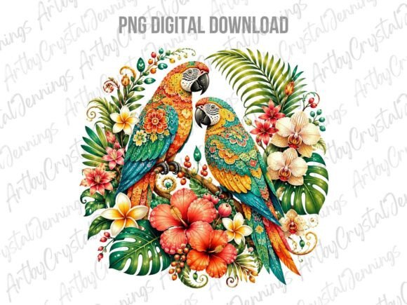 Download Tropical Parrots Floral Watercolor PNG - Png Collection