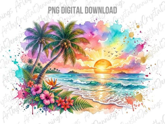 Download Tropical Sunset Beach Watercolor PNG - Png Collection