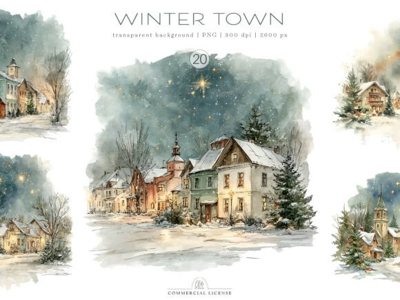 Download 20 PNG Winter Town Watercolor Set - Png Collection