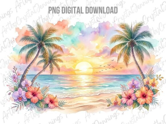 Download Watercolor Tropical Beach Sunset PNG - Png Collection
